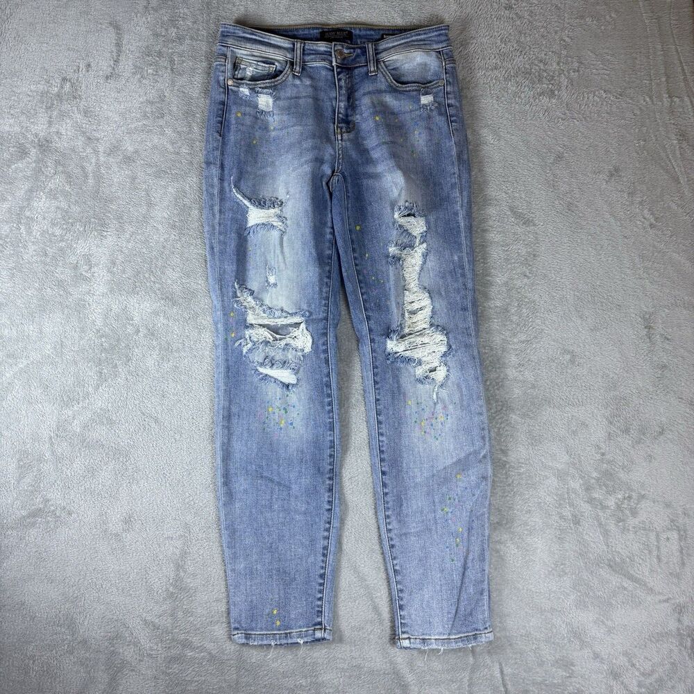 Judy Blue Jeans Womens 7/28 Blue Denim Distress Boyfriend Fit Paint Splat